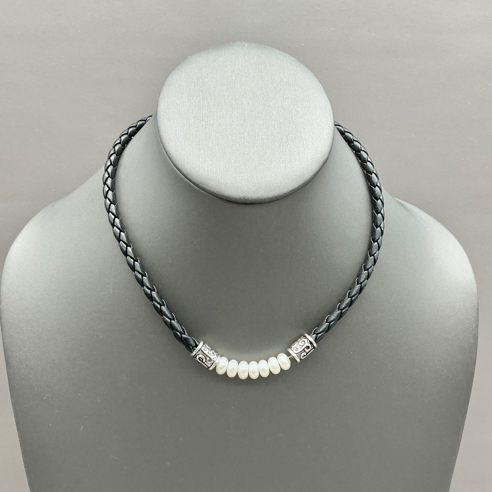 Premier Designs Necklace Women Black Braided Cord Faux Pearl Silver Tone Beads